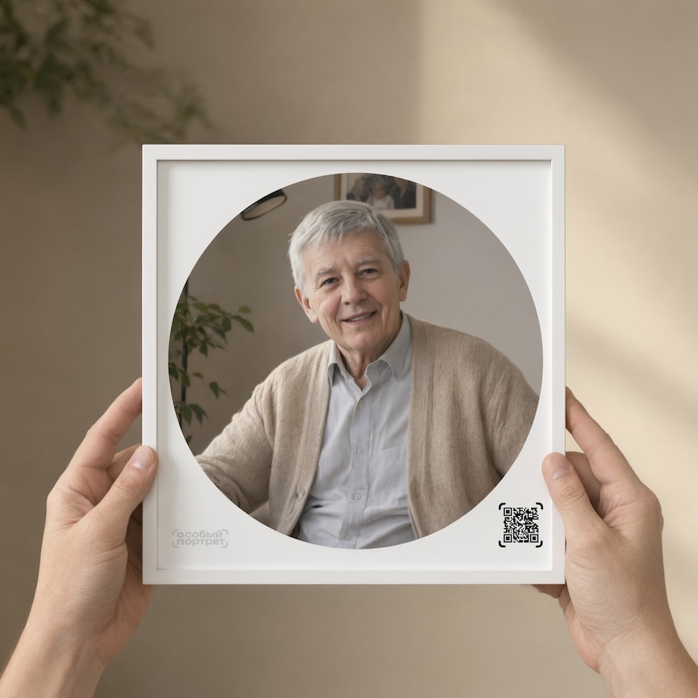 Фотография в квадратной минималистичной рамке 20×20 см с круглым паспарту, QR-кодом и меткой NFC